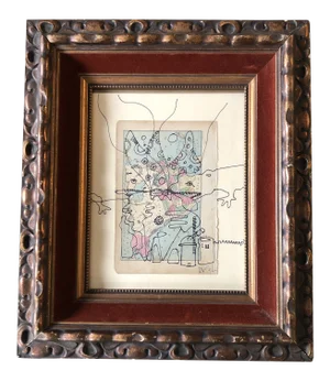 Original Vintage Wayne Cunningham Abstract Ink Drawing Vintage Frame With Velvet Liner