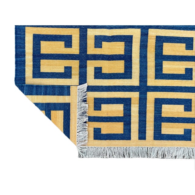 Casa Cosima Not Yet Made - Made To Order Handmade Cotton Natural Vegetable Dyed Royal Blue and Yellow Geometric Pattern Rug - 10'x14' For Sale - Image 4 of 11