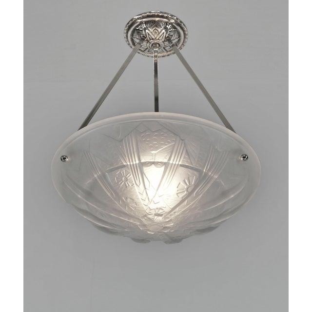 Muller Frères Muller Freres French Art Deco Chandelier - 1930s Geometric Butterfly Glass & Nickel For Sale - Image 4 of 10