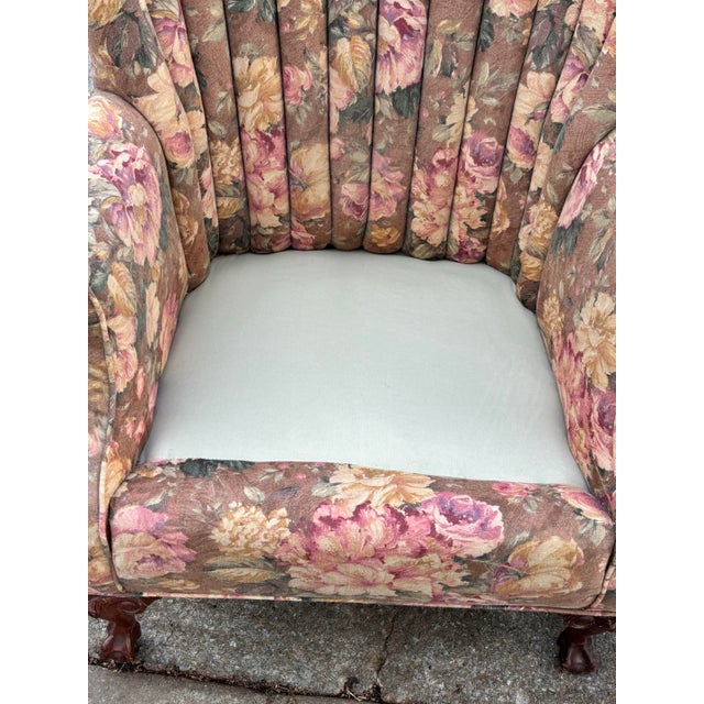Mid 20th Century French Style Channel Back Upholstered Wing Chairs - A Pair For Sale - Image 4 of 12