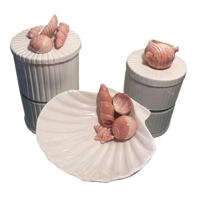 Vintage Fitz & Floyd Seashell Trinket Boxes and Dish Set- 3 Pieces For Sale