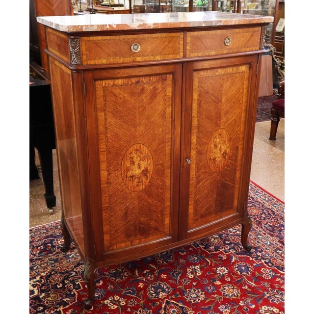 French Louis XV Style Walnut Inlaid Marble Top High Chest Circa 1920's Dimensions : 42" Wide X 22.5" Deep X 55.25" Tall...