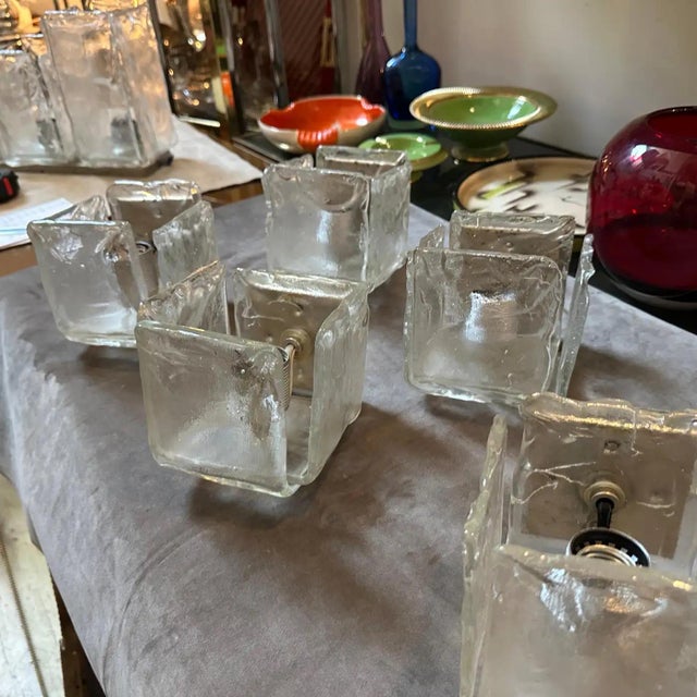 1970s Modernist Ice Murano Glass Square Wall Sconces by Toso For Sale - Image 9 of 12