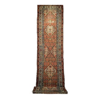 Antique Persian Malayer Runner Rug, Hand-Knotted Wool, Geometric Pattern, 3x16, Terracotta & Ivory For Sale