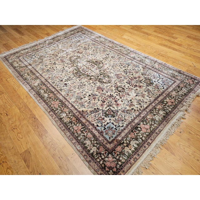 Late 20th Century Vintage Indian Silk Rug, Hand-Knotted, Floral Medallion Design, 6' x 9' For Sale - Image 5 of 18