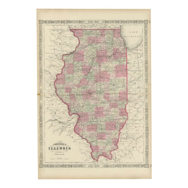 Civil War Era Map of Illinois with Lake Michigan Detail, 1864 For Sale