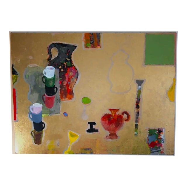 Late 20th Century Large Colorful Metallic Gold Abstract Still Life Painting by Roland Ginzel, Framed For Sale