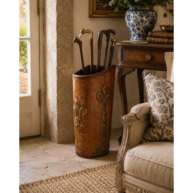 A distinctive late-19th-century French grain bin or utility vessel constructed from wood and wrapped in richly patinated...