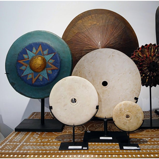 Hand-Carved Indonesian 16-Inch Marble Disk on Metal Stand, Modern Design For Sale - Image 15 of 16