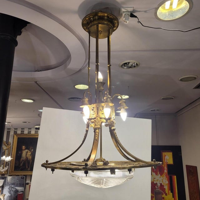 Art Nouveau Ceiling Lamp in Gilt Bronze and Frosted Crystal, France, 1930s For Sale - Image 4 of 18