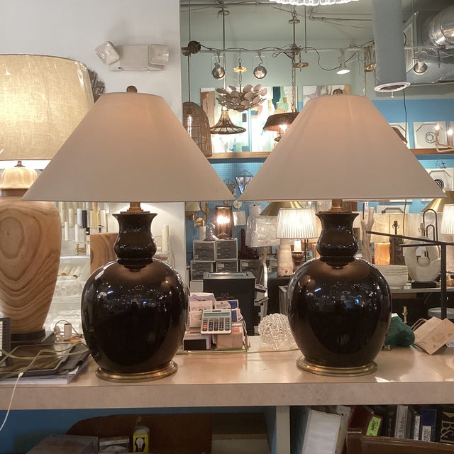 Pair of Ralph Lauren Gloss Black "Malin Ming" Lamps With Cream Coolie Shades and Brass Bases For Sale - Image 10 of 11