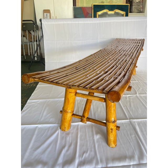 Oversized 73" Mid-Century Curved Bamboo Sling Bench – Japanese Zen Style For Sale In West Palm - Image 6 of 16