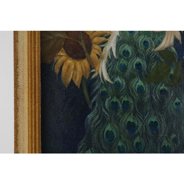 Belgian Artist, Hollywood Regency Style Peacock with Roses, 1950s, Oil on Canvas, Framed For Sale - Image 7 of 11
