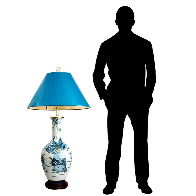 Lamps 1960s Hand Painted Japanese Kutani Porcelain With Coastal Blue Peacocks - Extra Large For Sale - Image 14 of 14