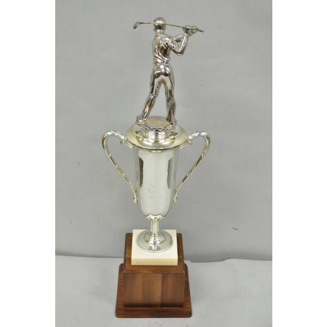 Vintage 1970s Art Deco Silver Metal Marble & Wood Figural Golf Trophy Award Cup For Sale - Image 13 of 17