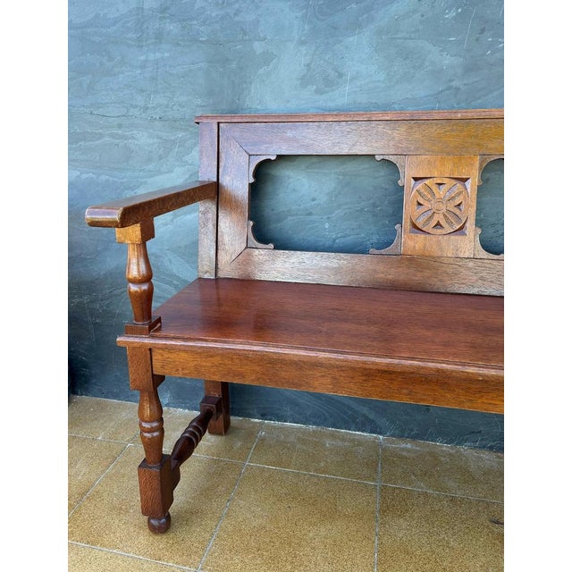 1920s Vintage Spanish Castilian Style Oak Bench, 1920 For Sale - Image 5 of 11