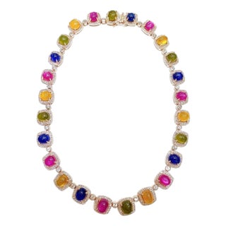 Bochic “Capri” Vintage Ruby & Fancy Color Sapphire Necklace Set in 18K & Silver For Sale