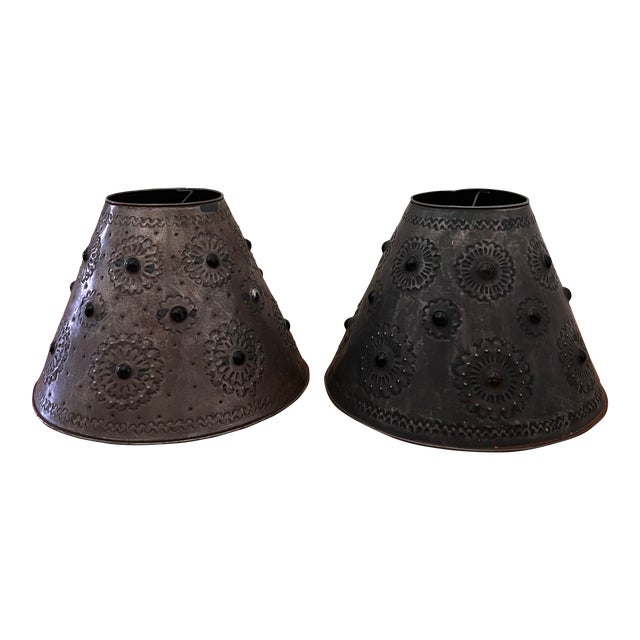 Pair of Vintage Hand-Punched Tin Lamp Shades With Glass Marbles For Sale