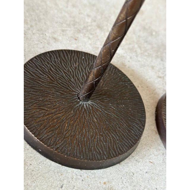 Pair of Tropical Coastal Palm Tree Metal Candlesticks With Verdigris Green Fronds For Sale - Image 9 of 12
