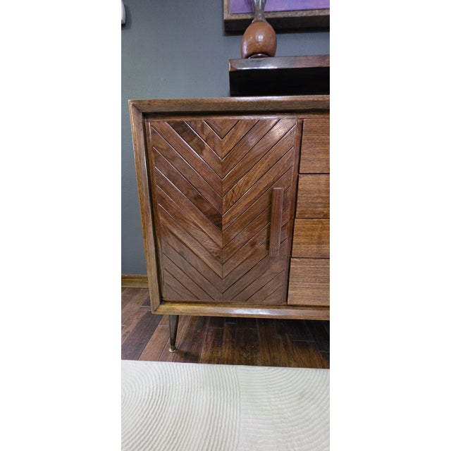 1960s Legacy Chevron Artisan Restored Walnut Credenza - 66" For Sale - Image 14 of 18