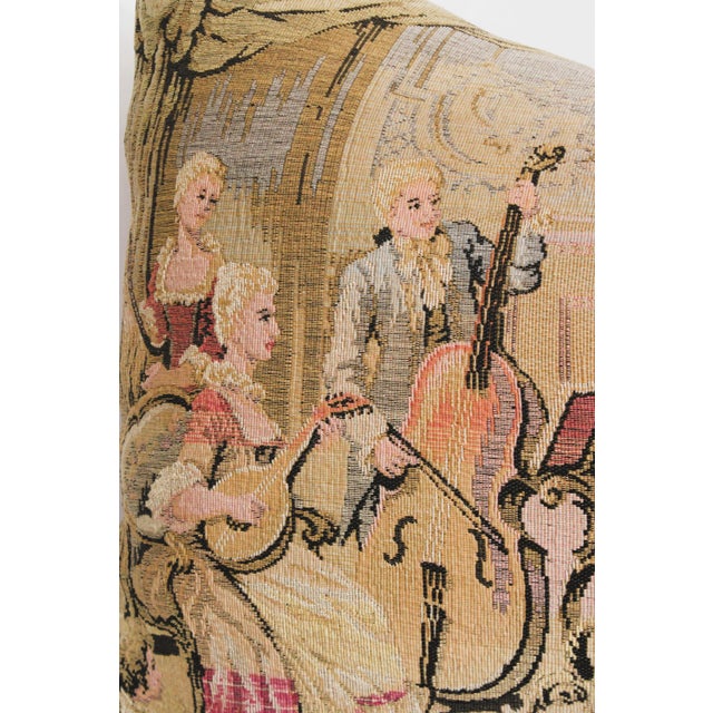 Exceptional custom toile pillow made with a 19th-century French woven tapestry, depicting an Old World countryside scene....
