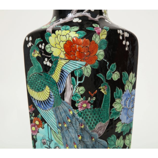 Ceramic Chinese Porcelain Black Ground Vase mounted as a Lamp, Qing Dynasty For Sale - Image 7 of 9