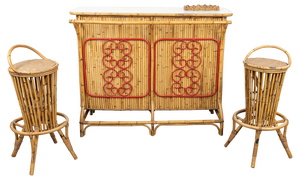 Bamboo and Rattan Cabinet Bar with Stools attributed to Tito Agnoli, Italy, 1950s, Set of 3