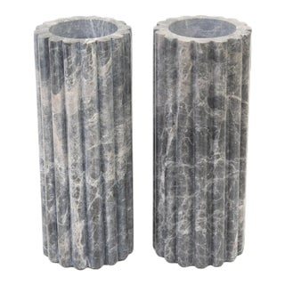 Marble Ribbed Column Vases in Gray and White Veining Pair Of, Italy For Sale