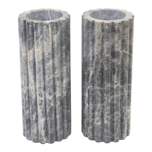 Marble Ribbed Column Vases in Gray and White Veining Pair Of, Italy For Sale