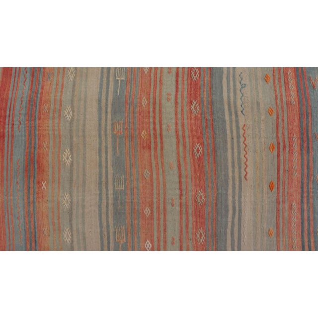 Textile Vintage Turkish Kilim Runner in Coral, Blue and Beige Striped Design 2'10" X 11'6" For Sale - Image 7 of 10