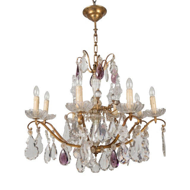Large Louis XV Style Cage Chandelier with Crystal Pendants and Amethyst Drops, 1950 For Sale