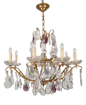 Large Louis XV Style Cage Chandelier with Crystal Pendants and Amethyst Drops, 1950