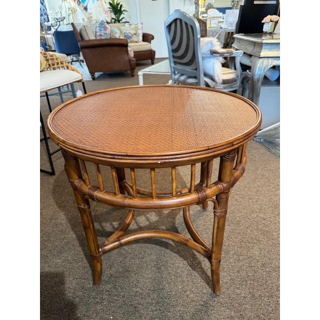 Wood 1990s Vintage Ethan Allen Round Rattan End Table For Sale - Image 7 of 9