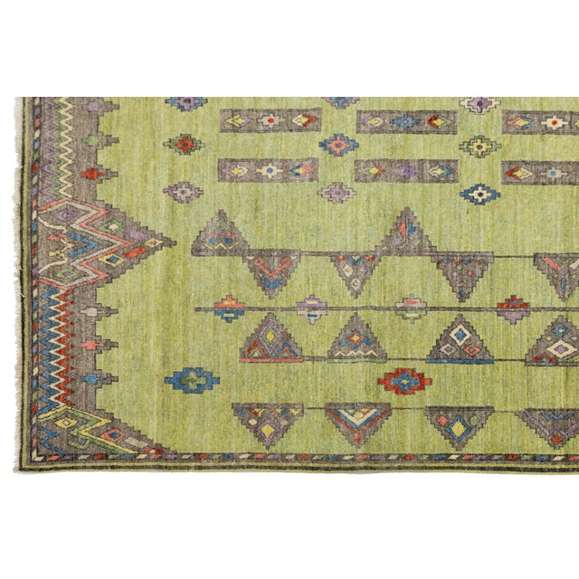 Modern Khotan Style Hand-Knotted Wool Rug - Green & Earth Tone Geometric Design For Sale - Image 9 of 11