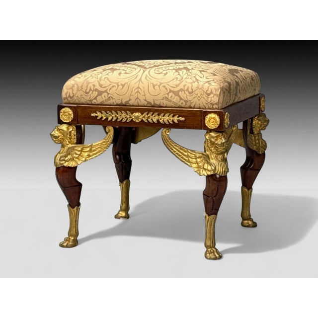 Traditional French Empire Revival, Bronze, Mahogany, Fabric, Footstool, France, 19th C. For Sale - Image 3 of 14