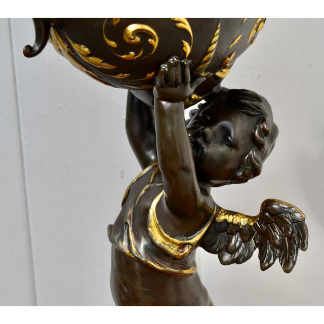 Bronze Antique Gilt Bronze Cherub Figure Holding Shell Form Centerpiece Bowl For Sale - Image 8 of 18