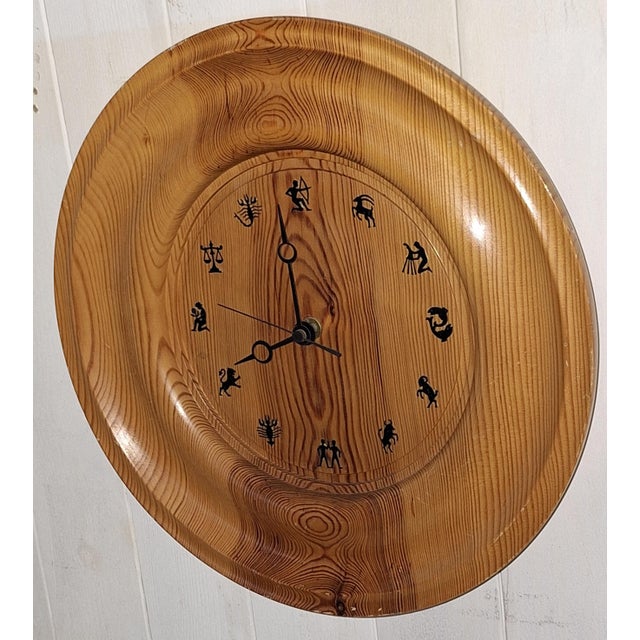 Vintage Handmade Round Pine Wood Wall Clock with Black Zodiac Numerals, 1970s For Sale - Image 3 of 5