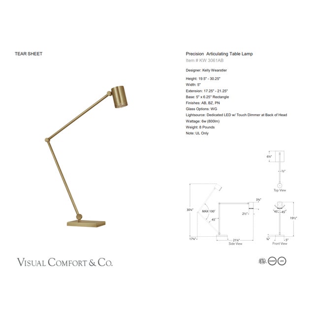 Kelly Wearstler by Visual Comfort Signature Precision Articulating Table Lamp in Antique-Burnished Brass with White Glass...