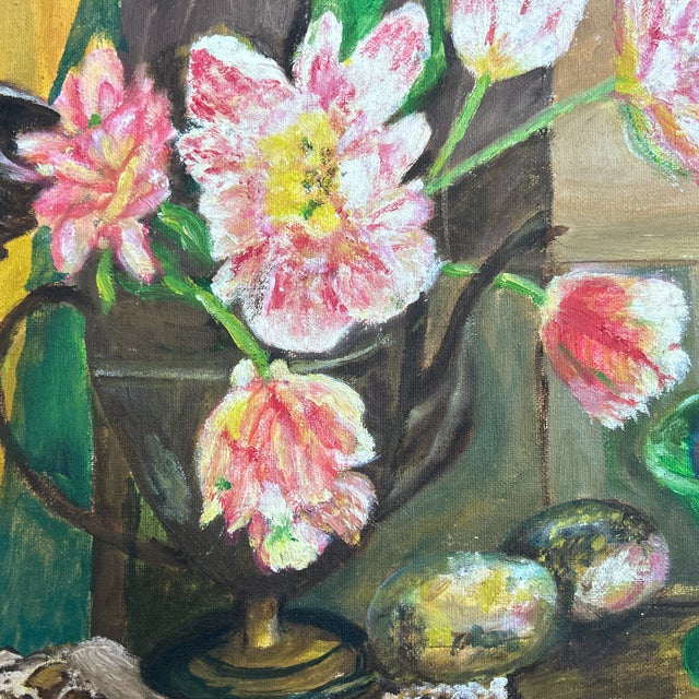 1940’s original impressionist flowers and glassware still life painting. Signed and framed. Measures 14x11 or 18x15...