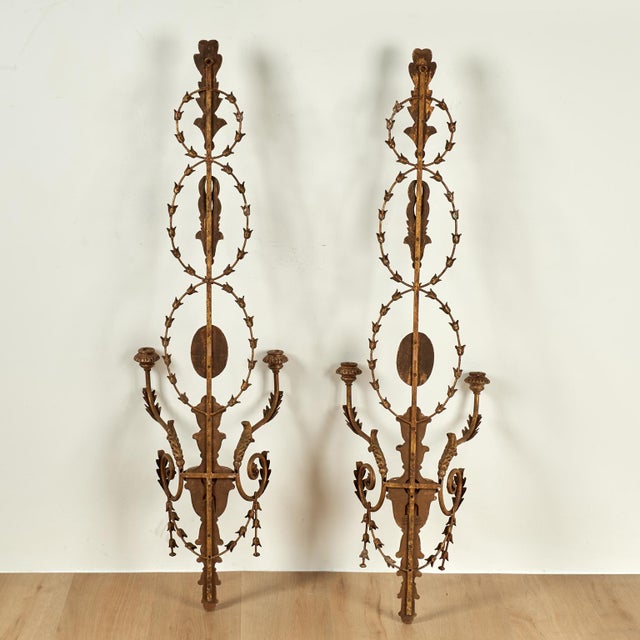 1920s Large Antique Italian Gilt Wood and Metal Neoclassical Wall Sconces - a Pair For Sale - Image 16 of 17