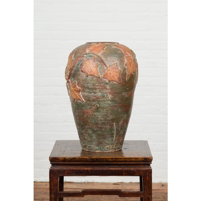 Vintage Thai Garden Vase with Vine Leaves Motifs, Orange and Green Tones For Sale - Image 4 of 13