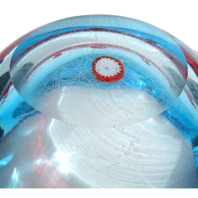 Blue Fratelli Toso Murano Blue With Red Crown Decor Flower Millefiori Center Italian Art Glass Bowl Ashtray For Sale - Image 8 of 10