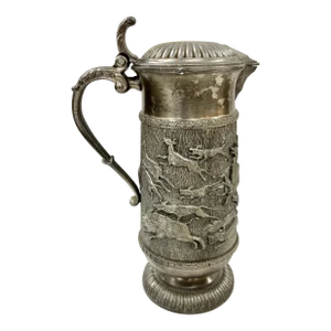 Vintage Pewter Embossed Hunting Scene Lidded Pitcher