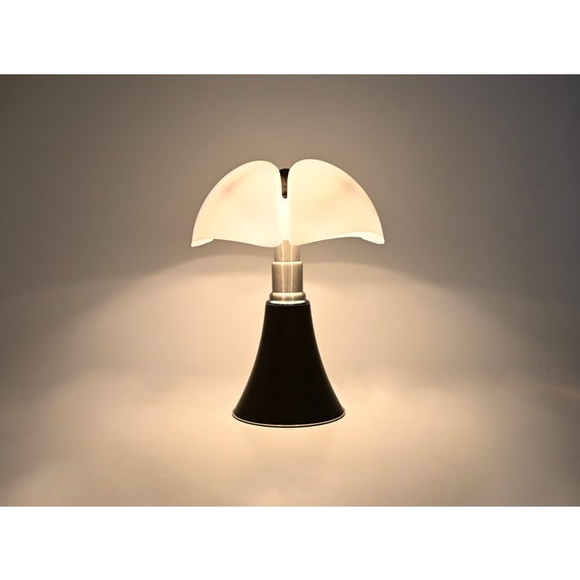 Black metal and plastic lamp by Gae Aulenti. Adjustable height: min: 70cm max: 90cm. Stamped under the lamp. Wear...