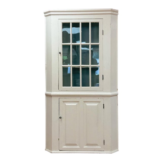 Antique Painted White Corner China Cabinet Pane Glass Door 1800s Display Cabinet For Sale