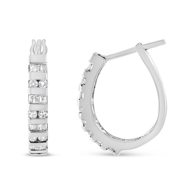 Contemporary 10K White Gold 1.0 Cttw Round and Baguette-Cut Diamond Hoop Earrings (I-J Color, I2-I3 Clarity) For Sale - Image 3 of 6