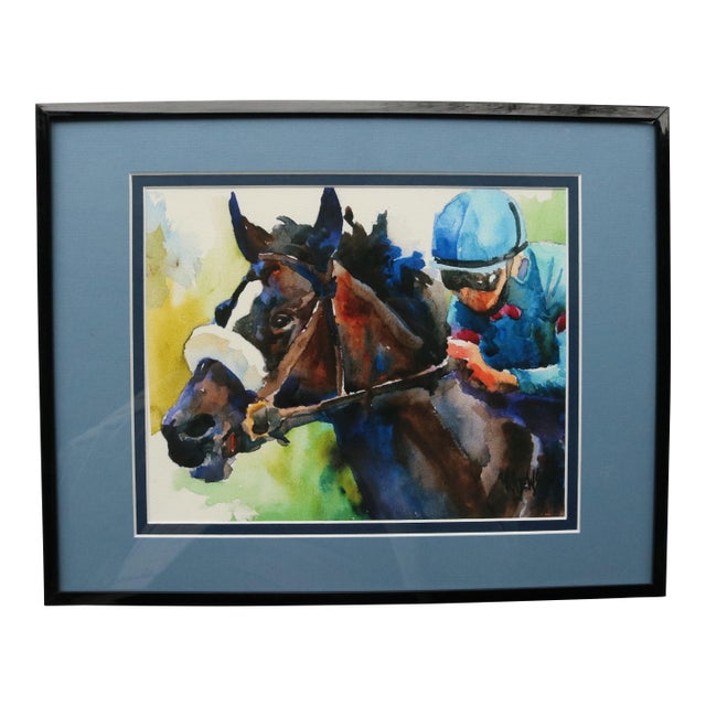 Outsider Folk Art Racing Horse and Jockey Portrait Watercolor by Ron Krajewski For Sale