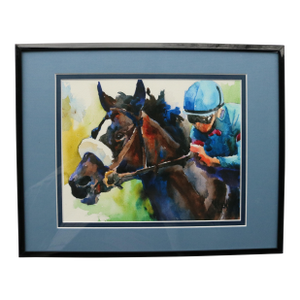 Outsider Folk Art Racing Horse and Jockey Portrait Watercolor by Ron Krajewski