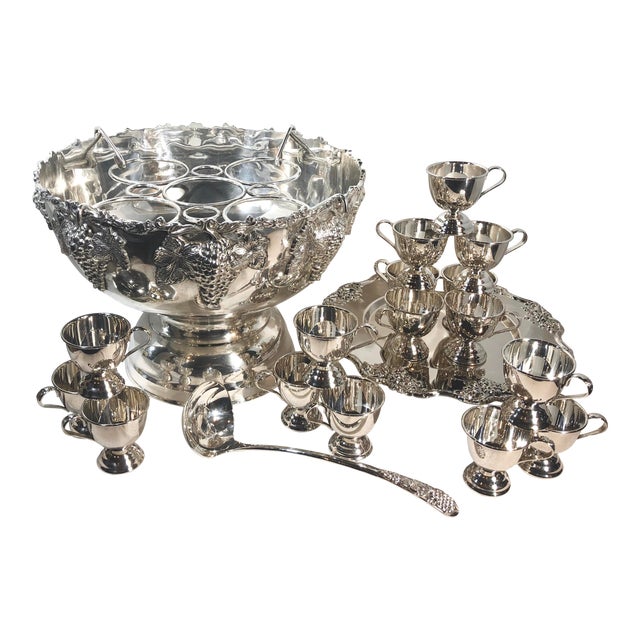 Large Silver Plated Punch Bowl Wine Chiller / Cups / Tray 20 Piece