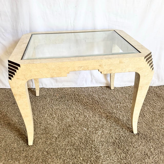 Postmodern Tessellated Stone and Brass Glass Top Side Table For Sale In Miami - Image 6 of 10